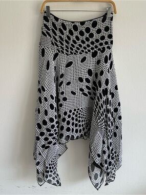 Vintage Jacqueline Riu Skirt Midi Black White Asymmetrical Fairy Polka Dot Spain